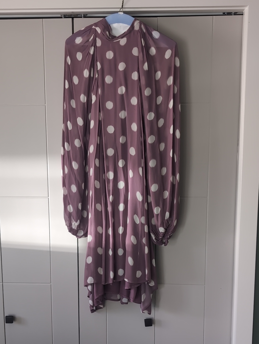 Maeve Mauve Polka Dot High-Low Long Sleeve Dress